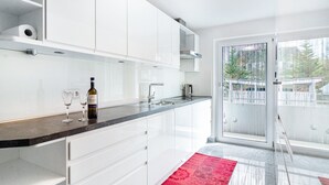 A modern kitchen with white cabinets, a black countertop, and a red rug.