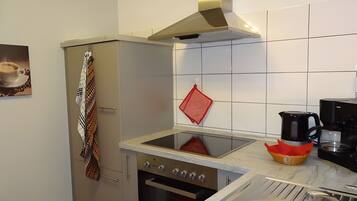 Een koelkast, een oven, een kookplaat, een vaatwasser