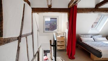 A bedroom with a loft bed, a window, and a skylight.