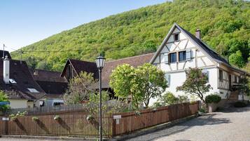 A traditional European house with a sloped roof, a wooden fence, and a paved street.