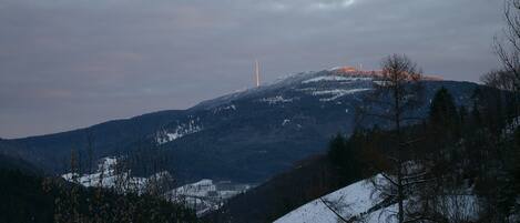 A mountainous landscape with a snow-covered peak, a distant tower, and sparse vegetation.