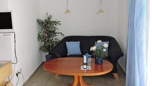 A room with a black sofa, a wooden table with a bottle and glass, a potted plant, and a TV on the left.