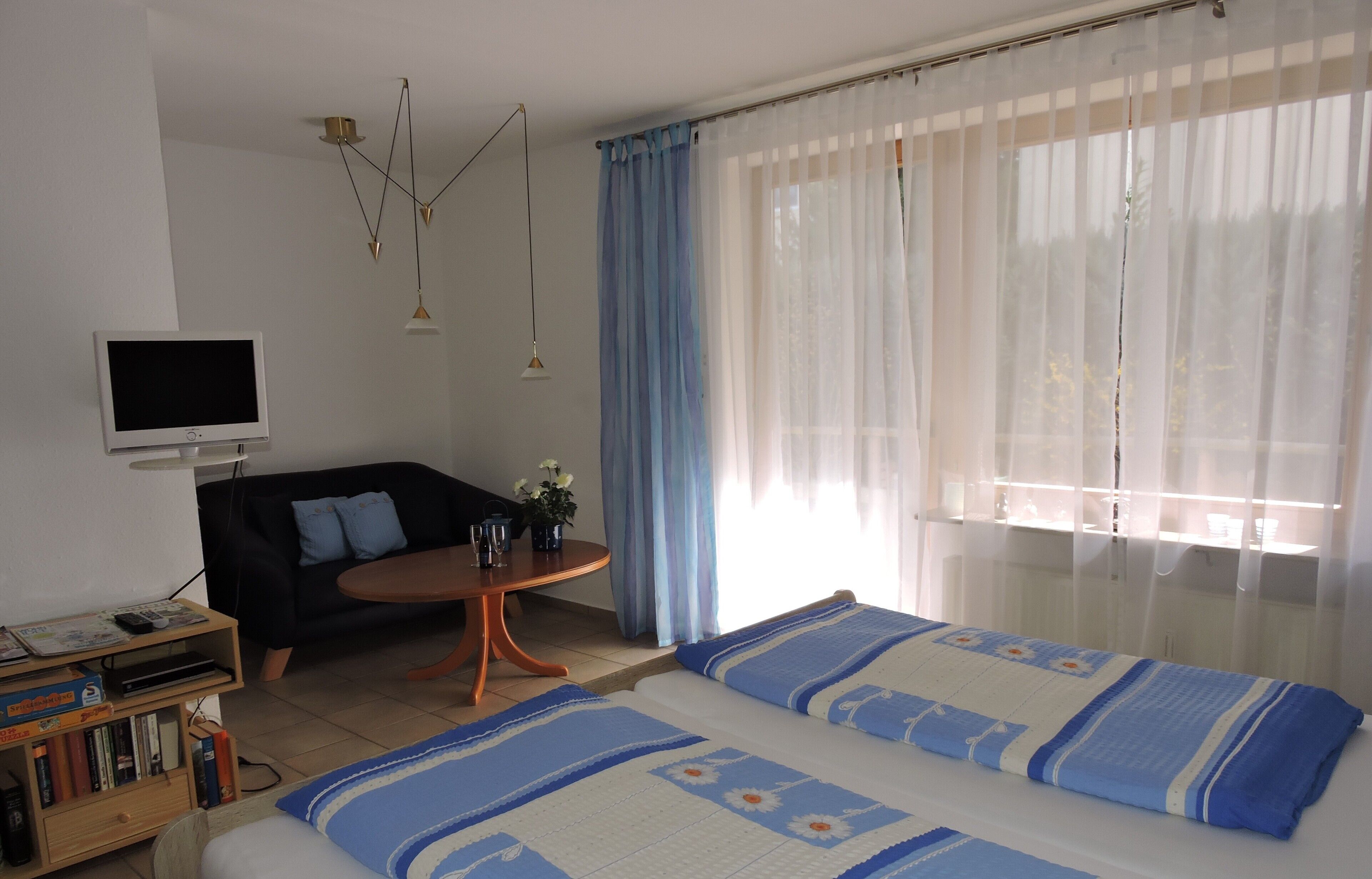Un dormitorio con una cama, un televisor, una mesita con una planta, una estantería y una ventana con cortinas.