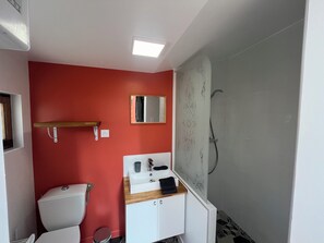 Shower, hair dryer, towels, toilet paper