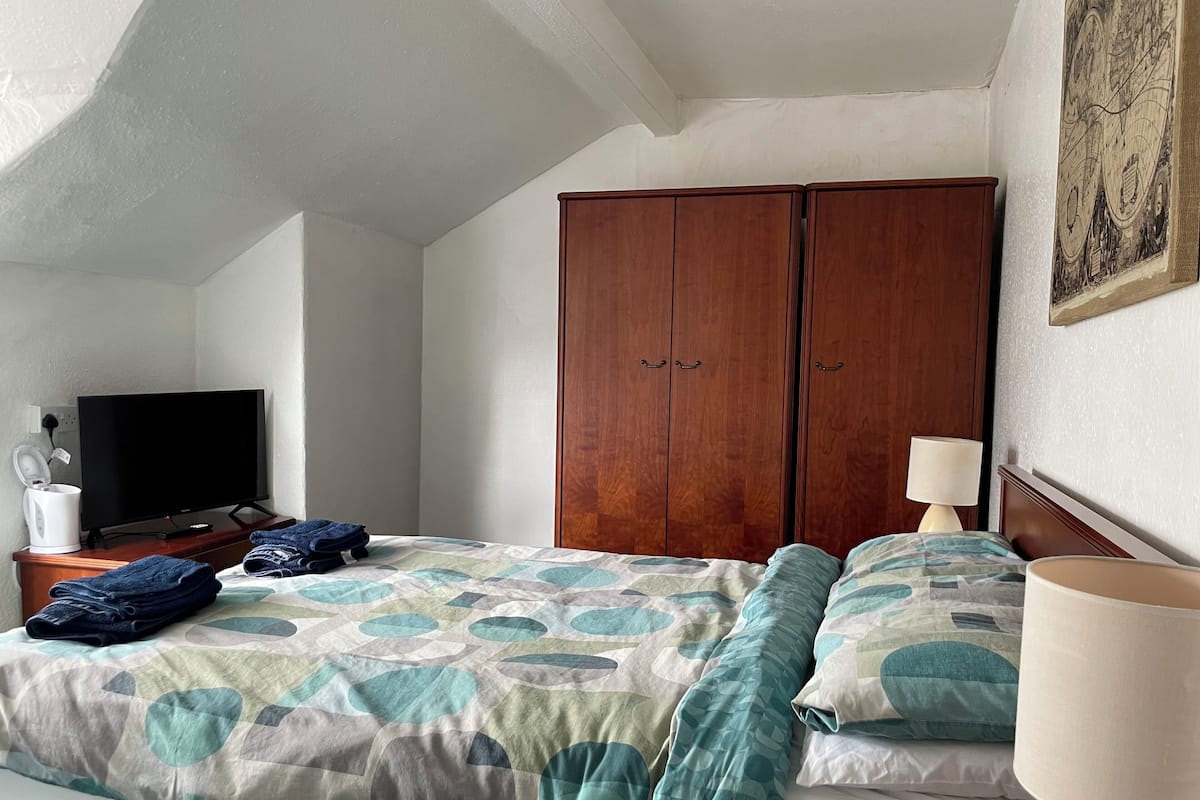 Un dormitorio con cama, televisor, armario y lámpara.