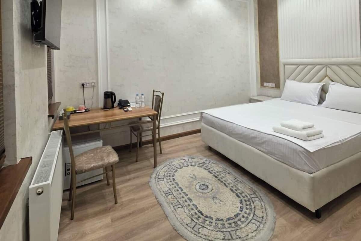 A bedroom with a bed, a desk, a chair, a television, and a ceiling light.