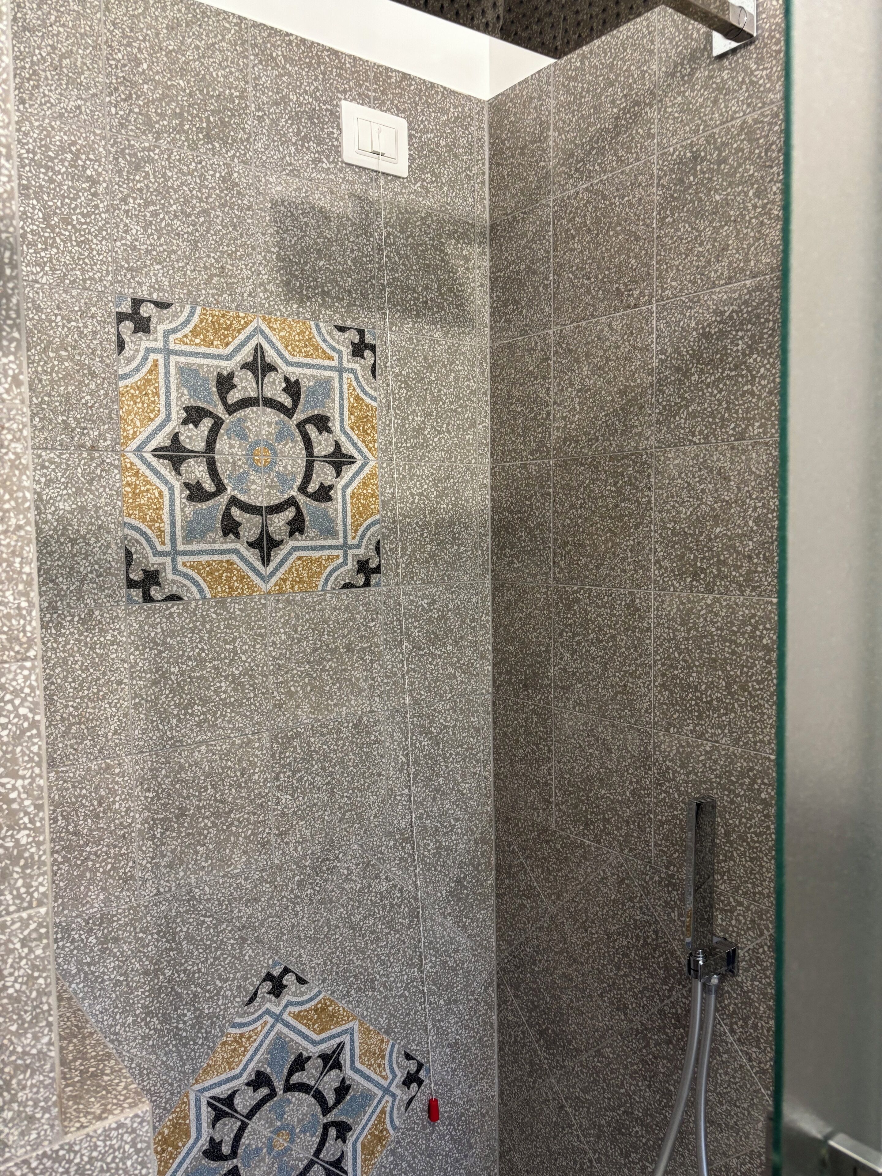 Un espace douche avec des carreaux à motifs et des décorations.