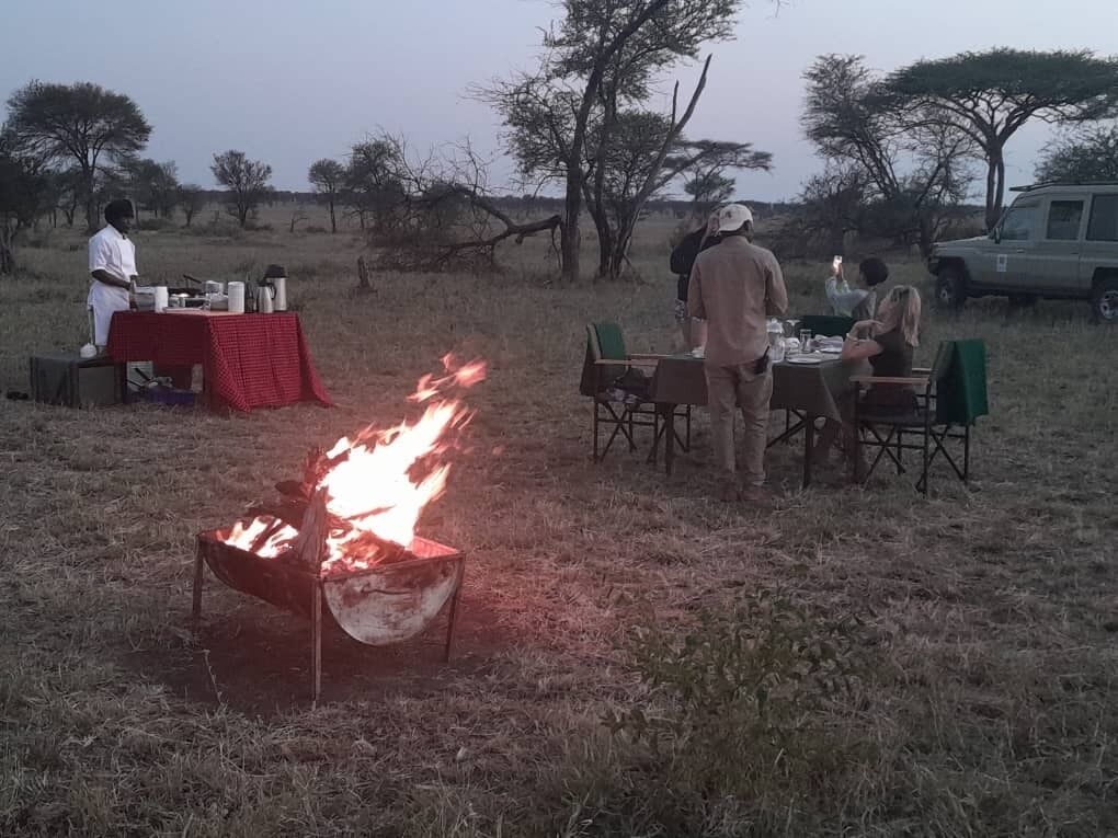 A group of people dining outdoors with a fire pit in the foreground.