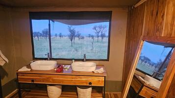 Shower, towels, soap, shampoo