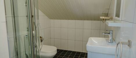A bathroom with a glass shower enclosure, a white toilet, and a sink with a mirror above it.
