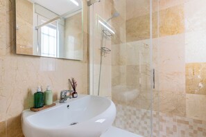 Shower, hair dryer, towels, toilet paper