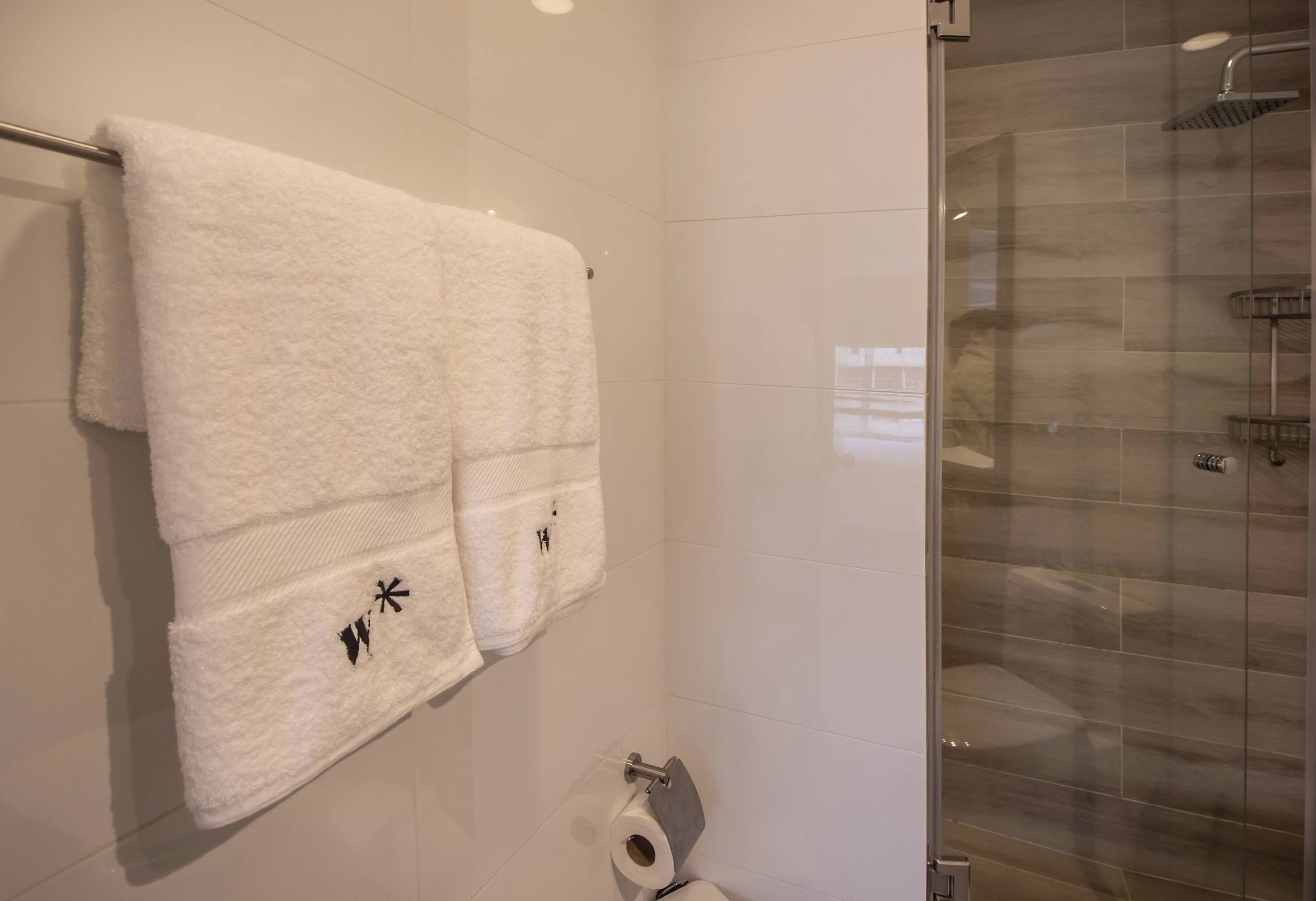 Un baño con una toalla blanca colgada en un perchero, un dispensador de papel higiénico y un box de ducha de vidrio.