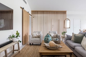 Smart TV, fireplace, books, printers