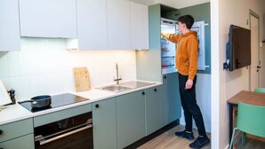 Une cuisine moderne avec des meubles de couleur vert clair, un évier en acier inoxydable et un four encastré.