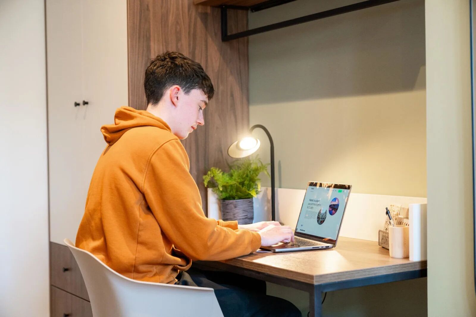 Una persona sentada en un escritorio con una computadora portátil, una planta en maceta y una lámpara.