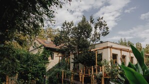 Una escalera de madera rústica que conduce a un edificio con techo de tejas, rodeado de exuberante vegetación y árboles.