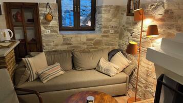 Smart TV, fireplace, books, stereo