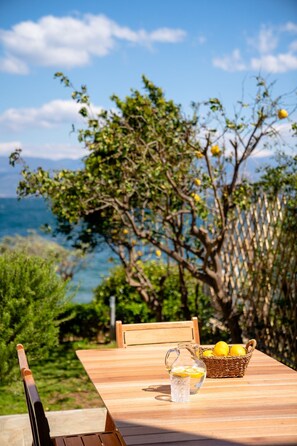 Una mesa de madera con una jarrón y una cesta de limones, colocada al aire libre con vista a un árbol y un cuerpo de agua.