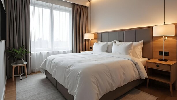 A modern hotel room with a large bed, two bedside tables with lamps, a potted plant, and a view of the city through large windows. - AYUSHMAAN- Premium (Jabalpur)