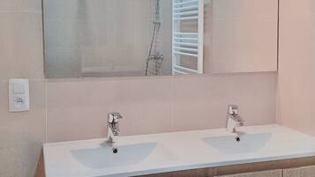 Shower, towels, toilet paper