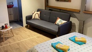 A modern living room with a grey sofa, a small table with a red kettle, and a patterned rug. - Péniche Le Pescalune (Arles)