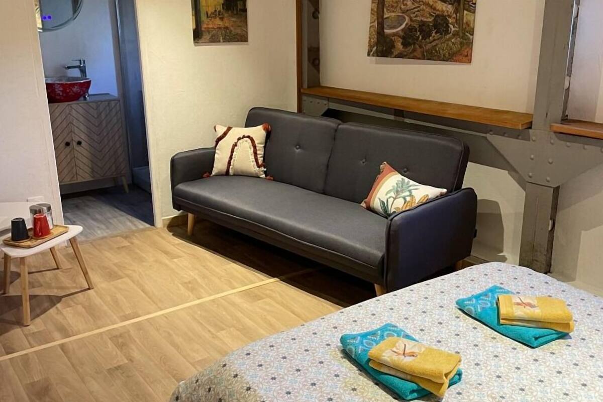 Un soggiorno moderno con un divano grigio, un tavolino con un bollitore rosso e un tappeto decorato.