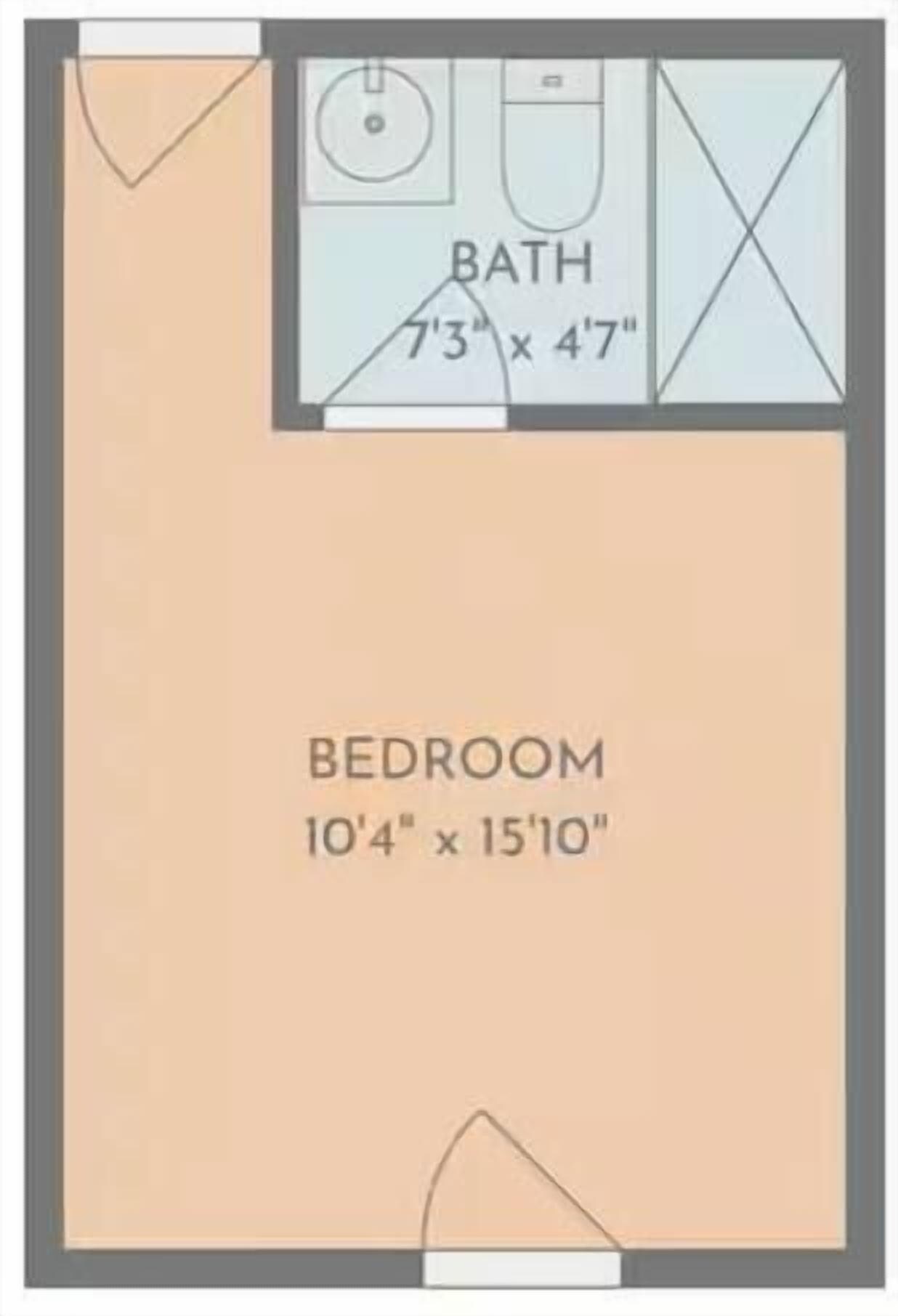 A bedroom measuring 10'4' x 15'10' with a bathroom of 7'3' x 4'7' adjacent to it.