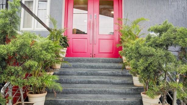 Une porte rouge avec un panneau de verre, encadrée de plantes en pot, qui donne sur un escalier.