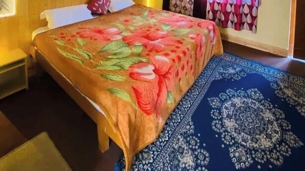 Una habitació amb llit, una catifa amb dibuixos i una finestra amb cortines.