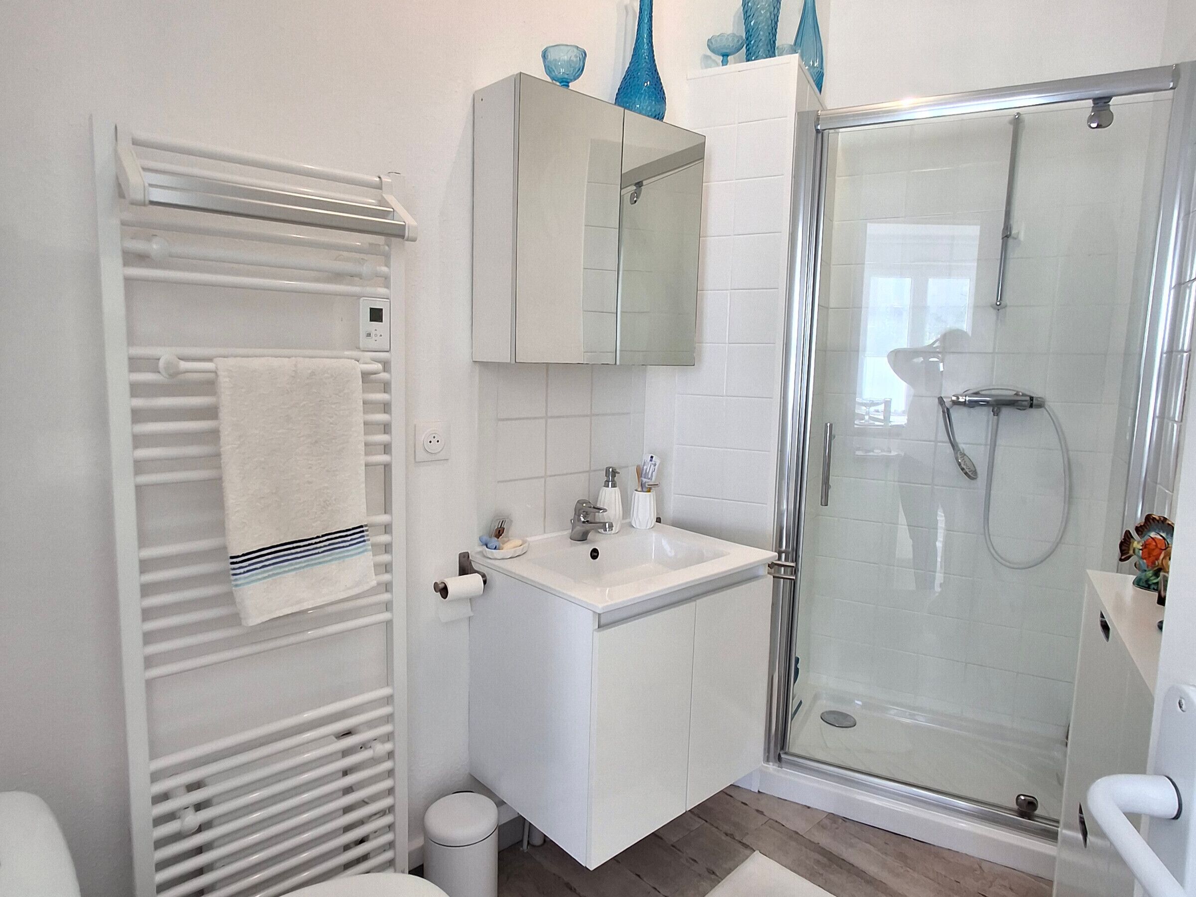 A modern bathroom with a glass shower enclosure, a white sink, and a towel rack.