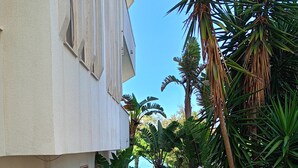 A narrow alleyway with a white building on the left, a metal gate, and a variety of plants including a palm tree and flowering bushes. - Bòmera Rooms (Gallipoli)