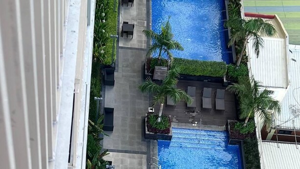 Ein Pool auf dem Dach mit Liegestühlen und Palmen.