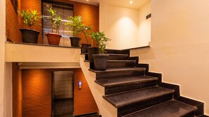 A modern staircase with black steps and potted plants on the landing. - SUMITEL SANDERLING (Darjeeling)