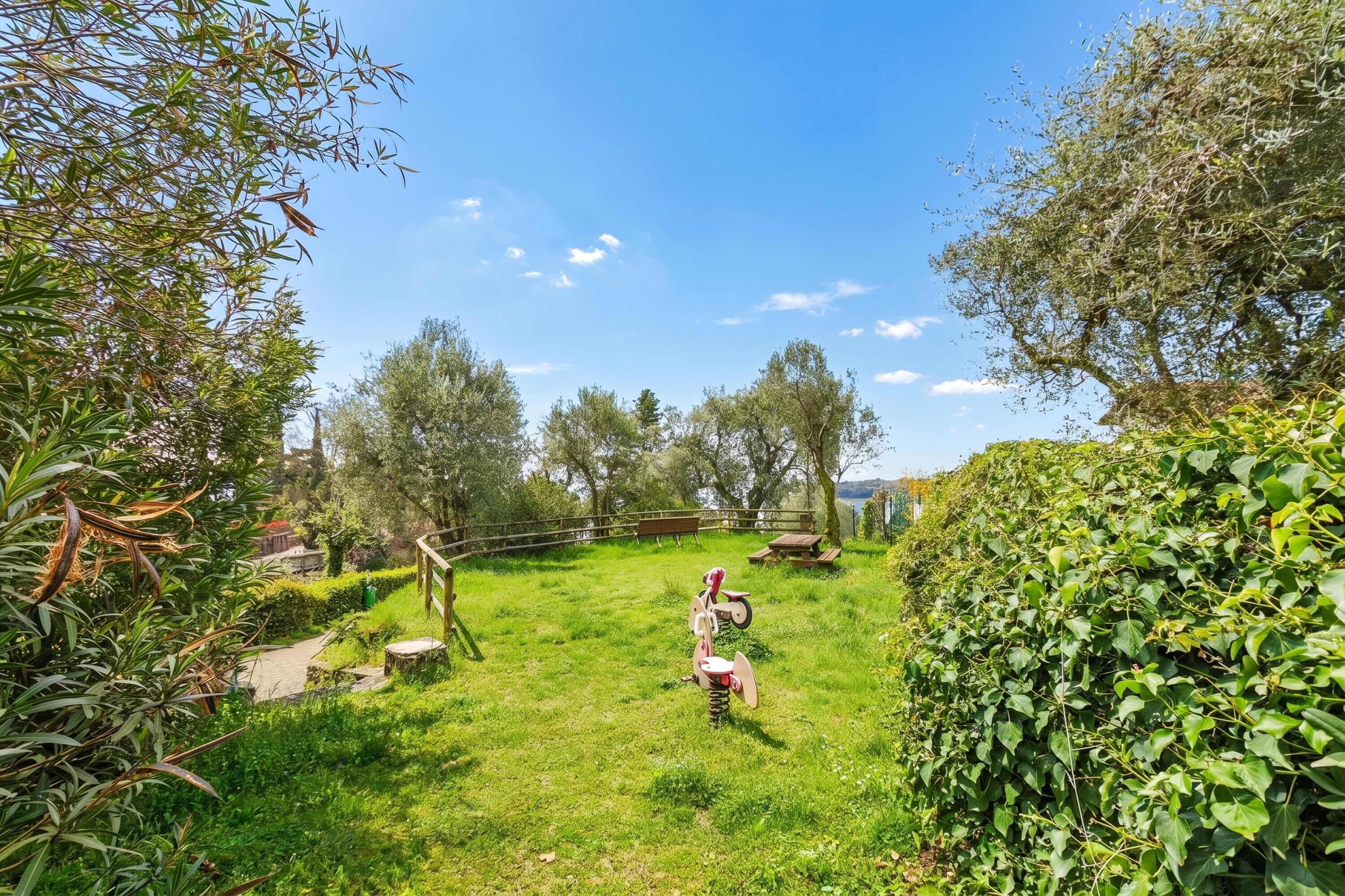 A grassy outdoor area with a wooden fence, trees, and a clear blue sky.