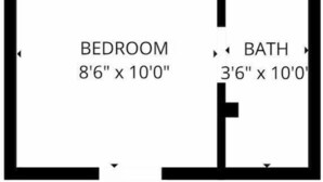 A floor plan with a bedroom measuring 8'6' x 10'0' and a bathroom measuring 3'6' x 10'0'. - Room 2: Stylish Escape by Calle Cerra Art (San Juan)
