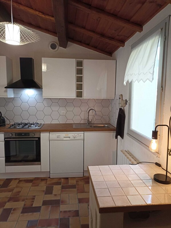 Une cuisine équipée d’une cuisinière à gaz, d’un four, d’un lave-vaisselle et d’un plan de travail en bois.