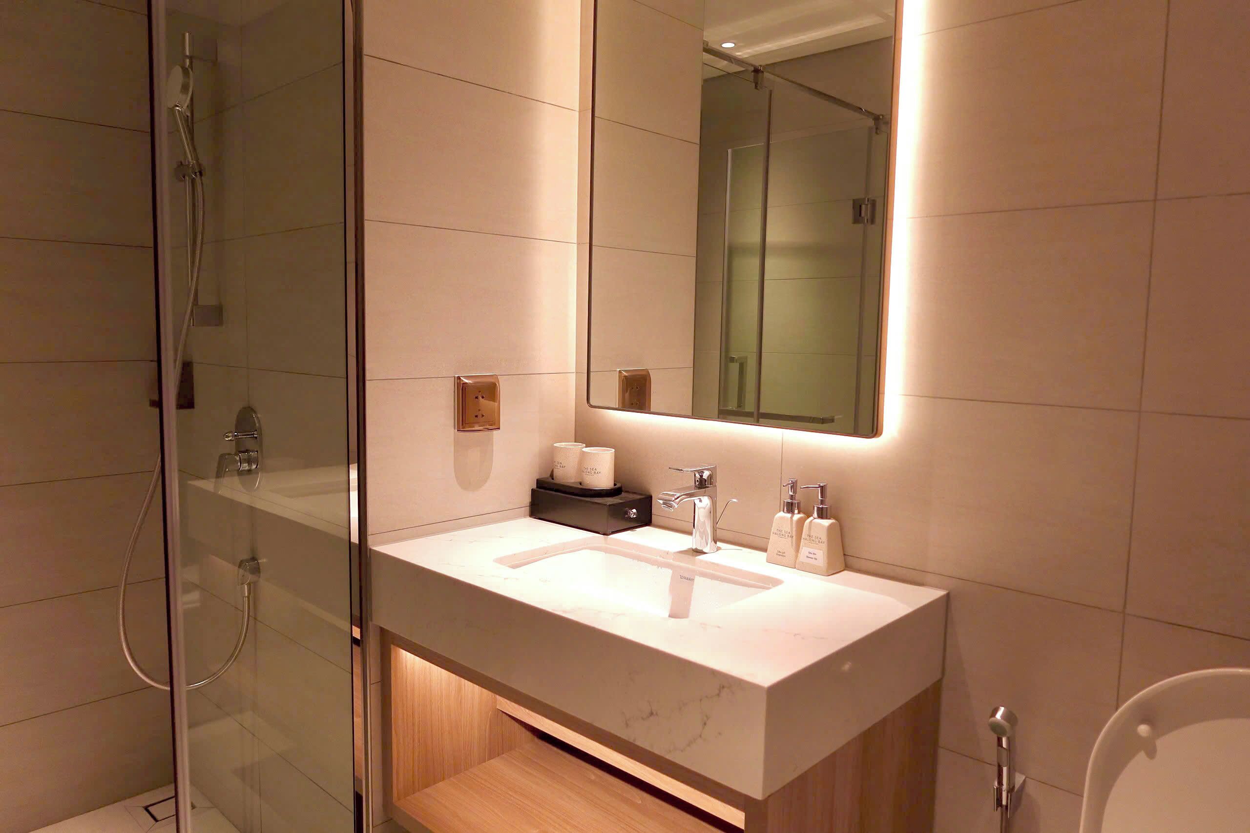 Een moderne badkamer met een douche met glazen wand, een witte wastafel en een grote spiegel.
