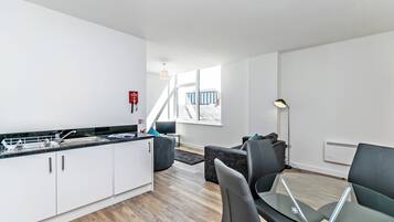 Apartment | Private kitchen | Full-size fridge, microwave, oven, stovetop