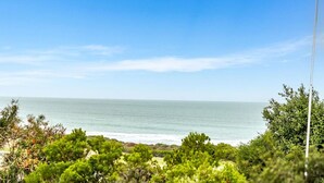 Vista costeira com céu claro, um corpo de água e vegetaç ão densa em primeiro plano.