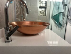 Shower, hair dryer, bidet, towels