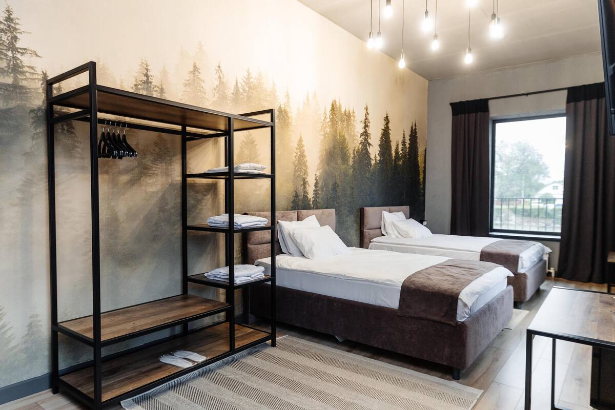 A modern hotel room with two beds, a built-in wardrobe, and a large window.