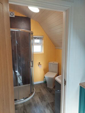 Un baño con cabina de ducha de vidrio, inodoro y ventana con cortina.