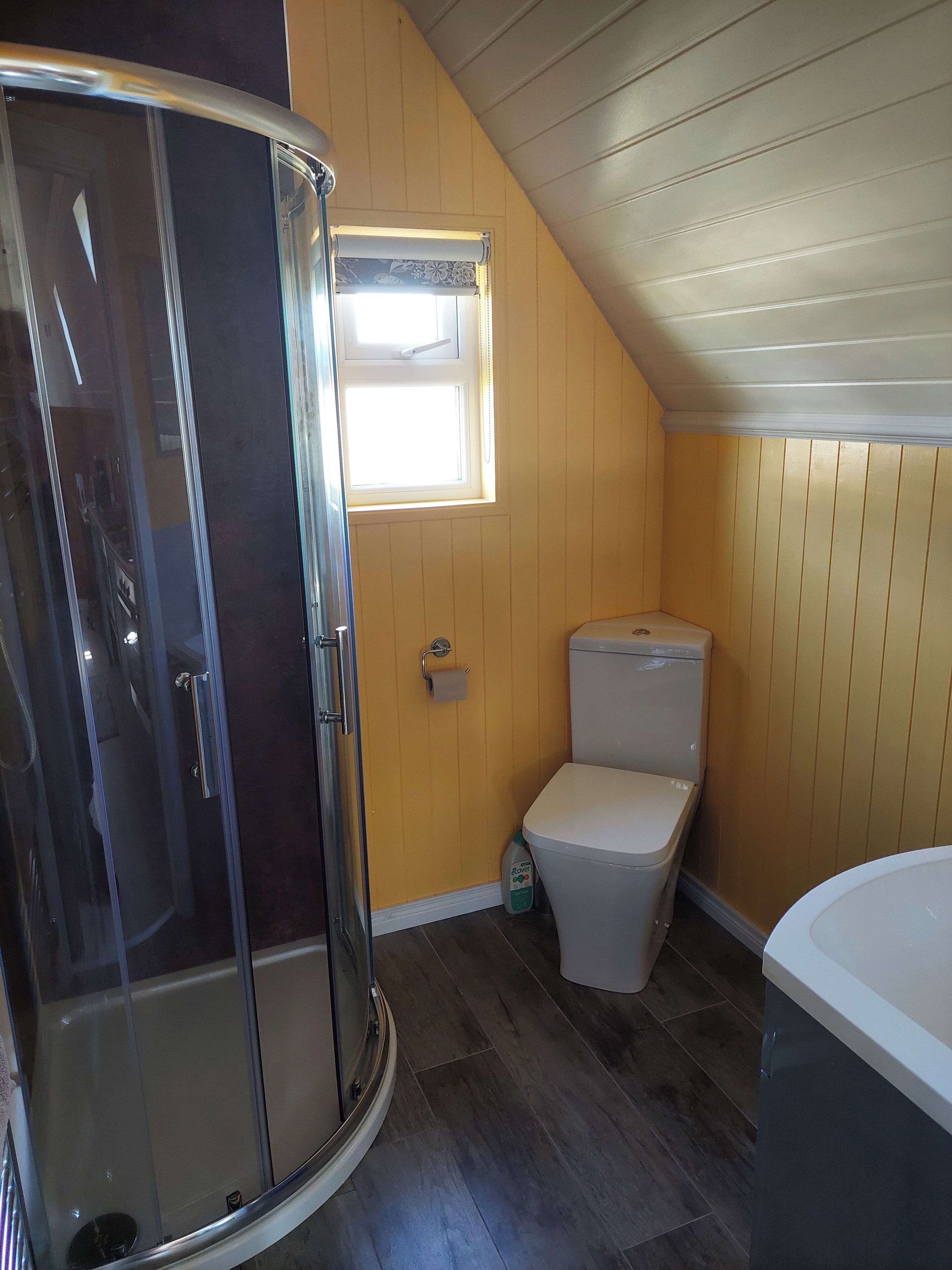 A bathroom with a shower enclosure, toilet, and bathtub.