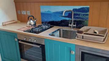 Cabin | Private kitchen | Fridge, microwave, oven, stovetop