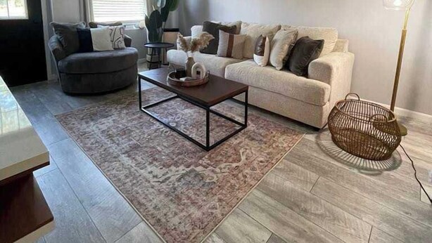 Una sala de estar con un sofá, una mesa de centro, una lámpara de pie y una alfombra.