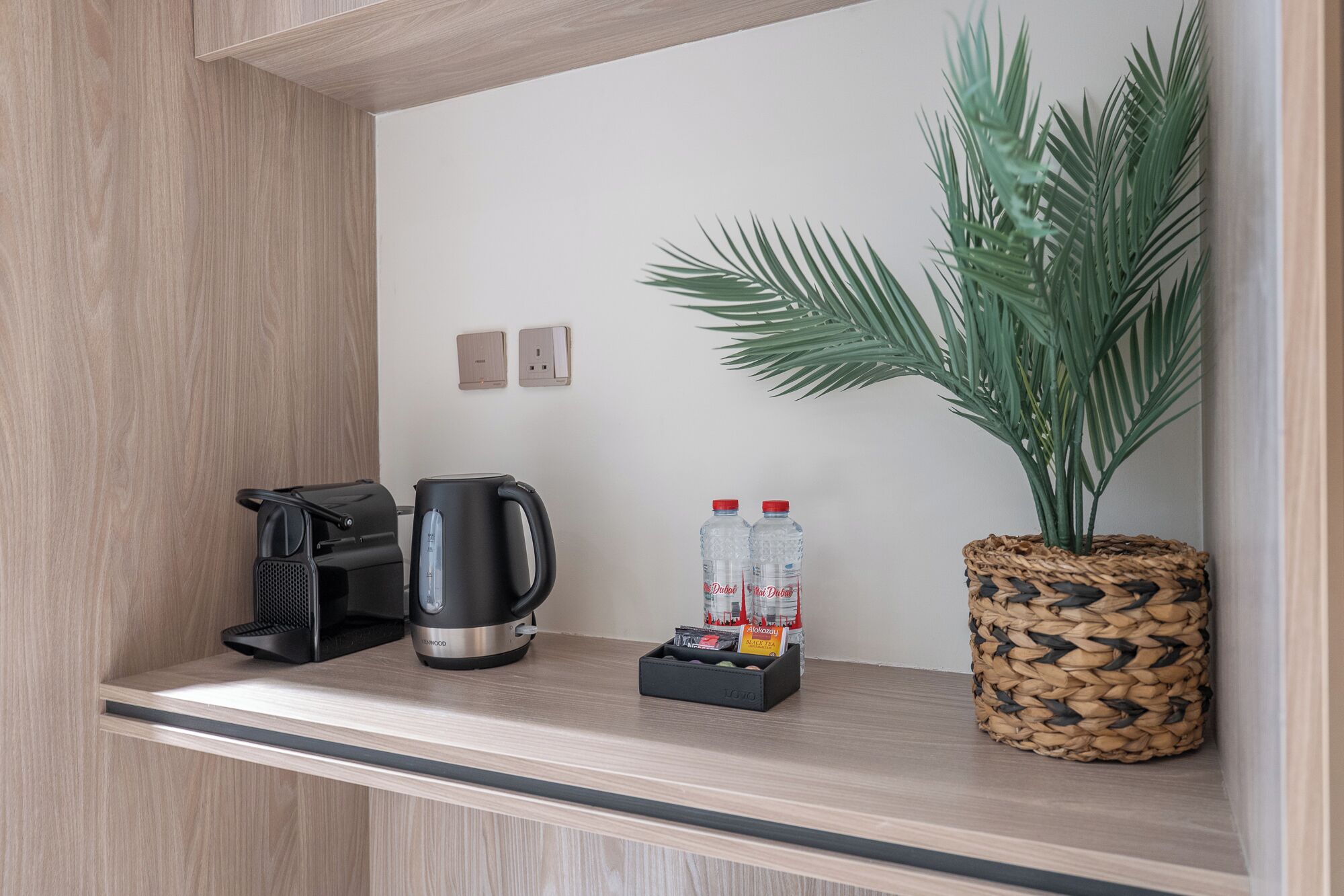 A kitchenette with a coffee maker, kettle, and a potted plant.