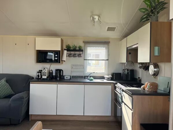 Cabin | Private kitchen | Fridge, microwave, oven, stovetop