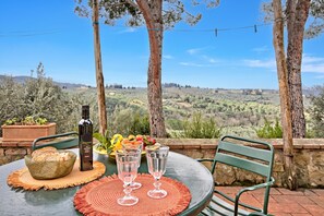 An outdoor dining table with a view of rolling hills, a bottle of wine, and a fruit platter. - Relaxing Tuscan Terrazza Near Florence 4shared Pool (Impruneta)