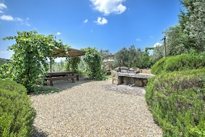 A garden patio with a pergola, a stone barbecue area, and a gravel path.
