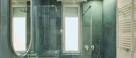 Shower, hair dryer, bidet, towels